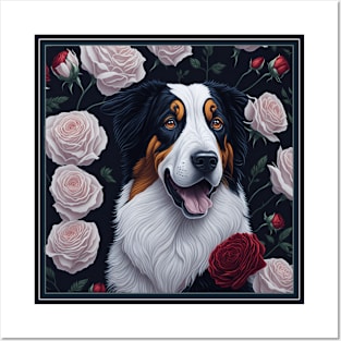 Australian Shepherd white roses Posters and Art